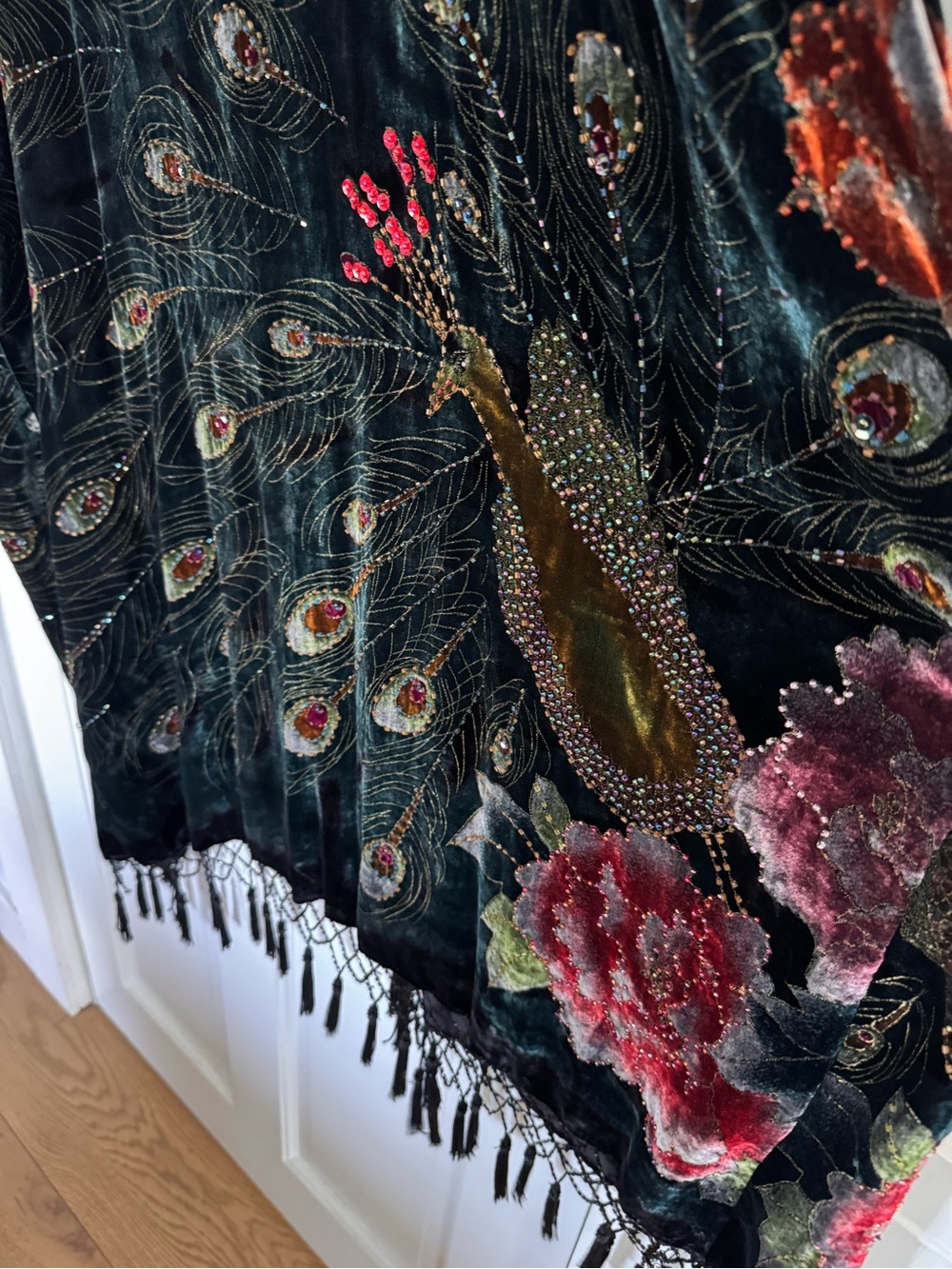 STUNNING 20s style Dark Green Velvet Burnout Peacock Embellished Duster
